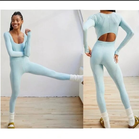 Free People FP Movement Good Karma Long Sleeve Jumpsuit Blue Medium/Large - Picture 3 of 7